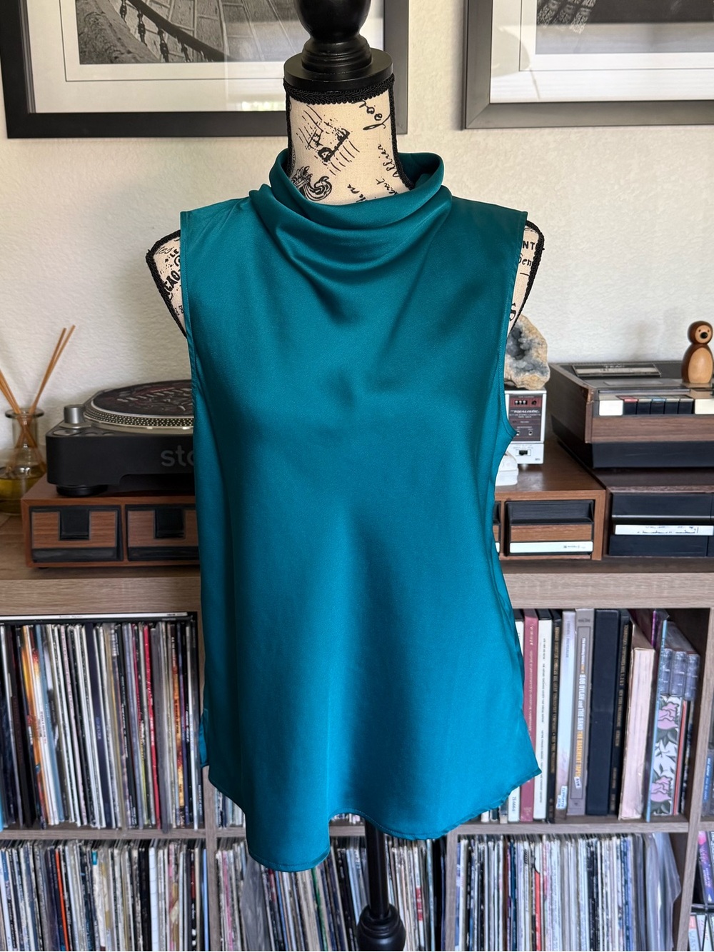Teal Sleeveless Cowl Neck Silky Top